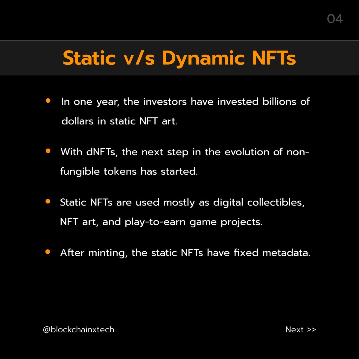 Blockchainxtech's tweet photo. An NFT’s value is based entirely on what someone else is willing to pay for it. Before investing understand well what they are. Swipe left to understand better. #nftcollectors #blockchain #nftdrop #cryptocurrency #nftcollectibles #nftcollection #artist #staticnft #dynamicnft https://t.co/bCo4pIS24w