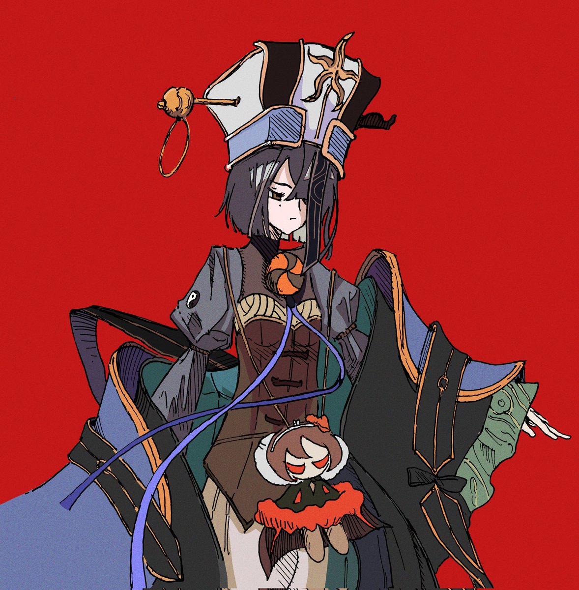 yu mei-ren (fate) 1girl black hair chinese clothes wide sleeves red background breasts mole  illustration images
