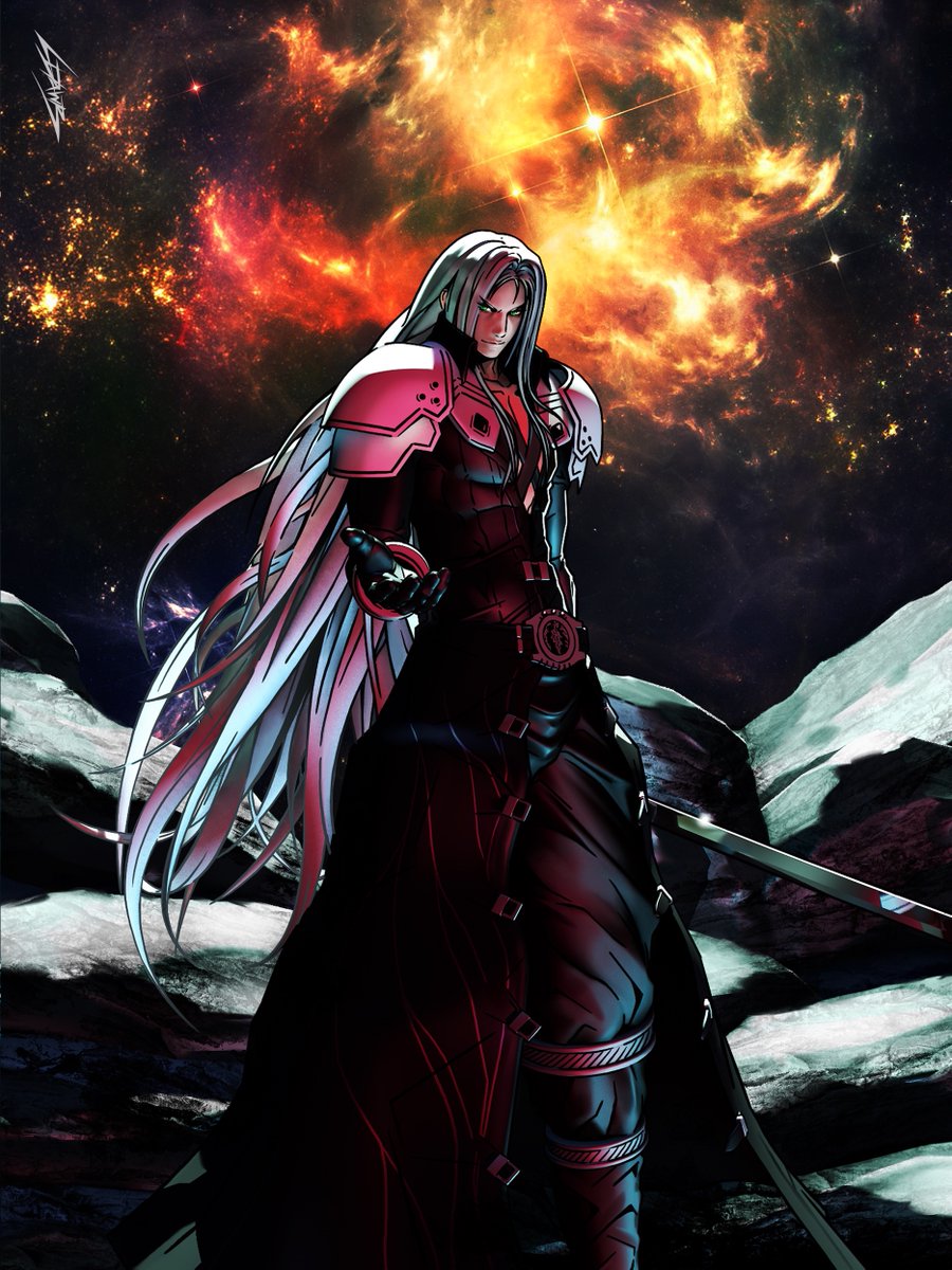 sephiroth 1boy long hair male focus sword armor weapon solo  illustration images