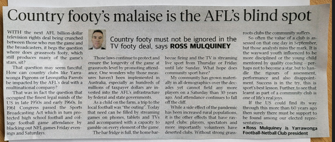 Mulquiney's tweet photo. In these times where broadcast deals are being discussed/finalised surely governments (Commonwealth/State/Local) along with the leagues and commissions are shouting from the rooftops. 

No... it is just grassroots screaming in a vacuum... #Takebackourtime https://t.co/RbVo77zcy7