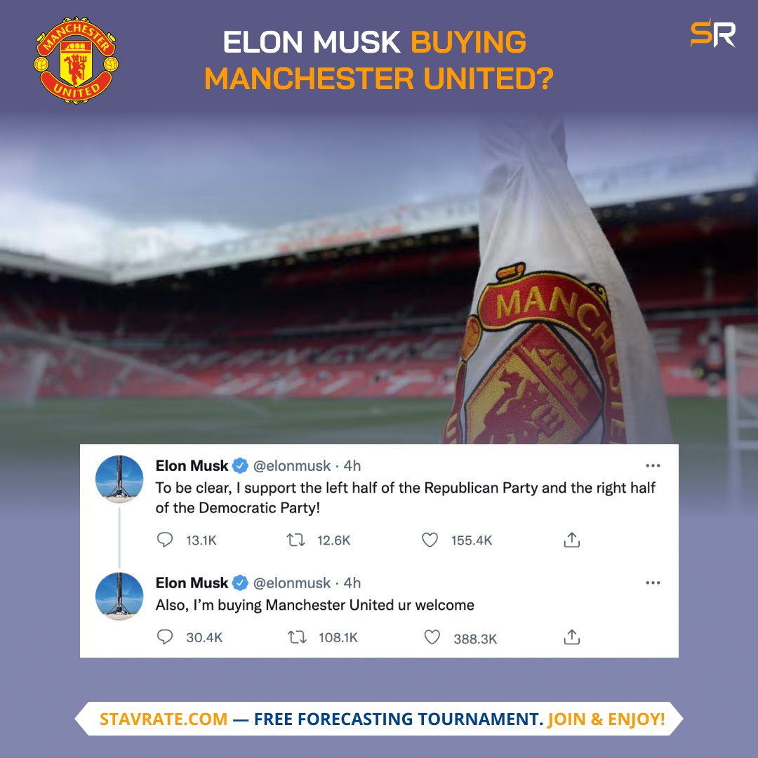 StavrateCom's tweet photo. Breaking News! Elon Musk tweeted that he is going to buy Manchester United! 

No one knows if this is true or not, but definitely, it would be very interesting for the football world, no? 🤔

#ManchesterUnited #ManUtd #ManUnited #MUfans
#ElonMusk #elonmusknews #EPL #PremierLeague https://t.co/4euJ6ybmVS