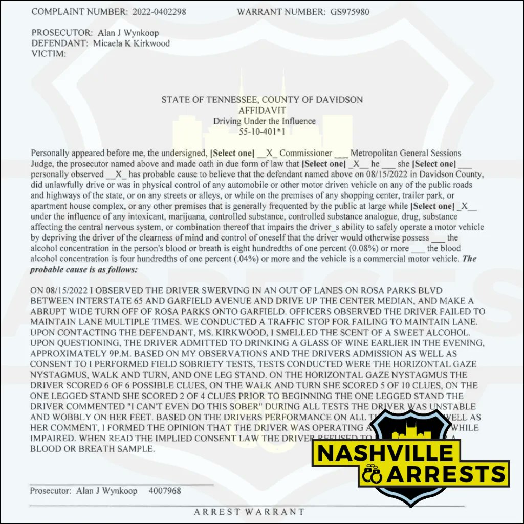 nasharrests's tweet photo. Micaela Kirkwood of #NashvilleTN, was booked into the Metro Nashville Jail on August 15th, charged with #DUI and violating  the implied consent law. A judicial commissioner set her bond at $1,000, and the Davidson County Sheriff’s Office gave her #PTR https://t.co/rA0eRwRq4a