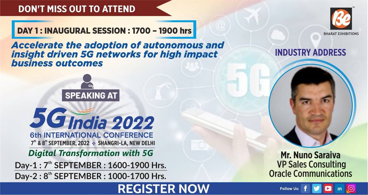 be_exhibitions's tweet photo. Catch Mr. Nuno Saraiva, VP Sales Consulting, ORACLE COMMUNICATION deliver #INDUSTRYADDRESS at the 6th edition of #5GIndia2022 International Conference on 7th and 8th September 2022 at Hotel Shangri-La, New Delhi. Event URL: https://t.co/vZWfDPCmZ6
#5G #5GIndia https://t.co/FKiooBUbWV