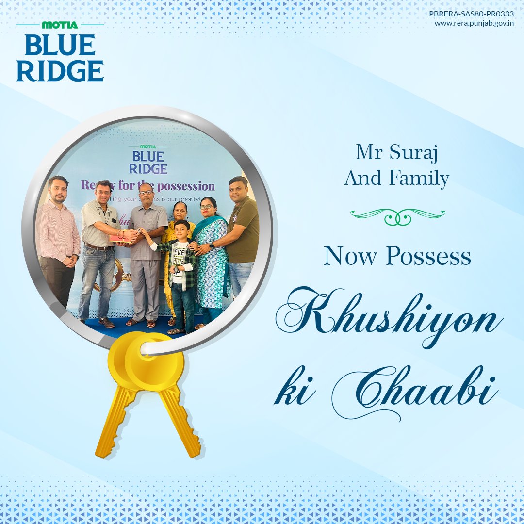Motia_Group's tweet photo. Extending heartfelt congratulations to Mr Suraj and family, on finding just the right place to live, laugh and grow in.

Visit our website https://t.co/aIAiNFg0CD or visit us at Motia Blue Ridge, Peer Muchalla, Zirakpur.

#MotiaBlueRidge #PossessionStarted #RealEstate #Tricity https://t.co/o5m4yKVjBJ