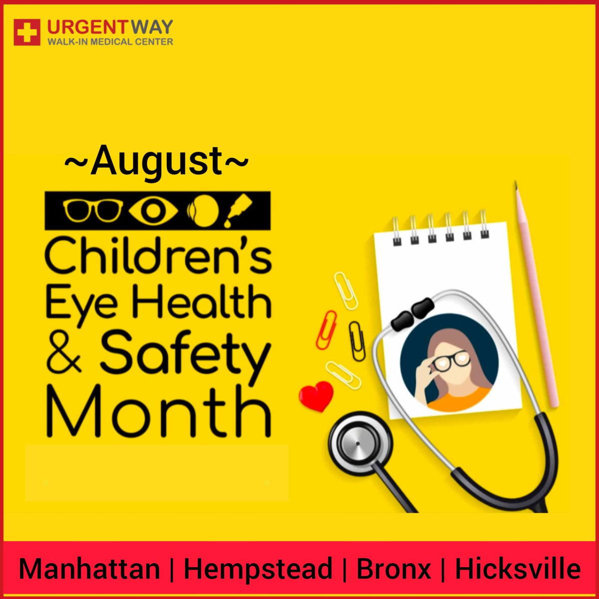 CHILDREN'S EYE HEALTH AND SAFETY MONTH 

August is dedicated to preventing eye injuries and vision loss and saving children's eyesight.

#childrenseyehealthandsafetymonth #childrensvision #geteyesmart #blindness #august #awareness #urgentway #walkinclinics #healthcareproviders