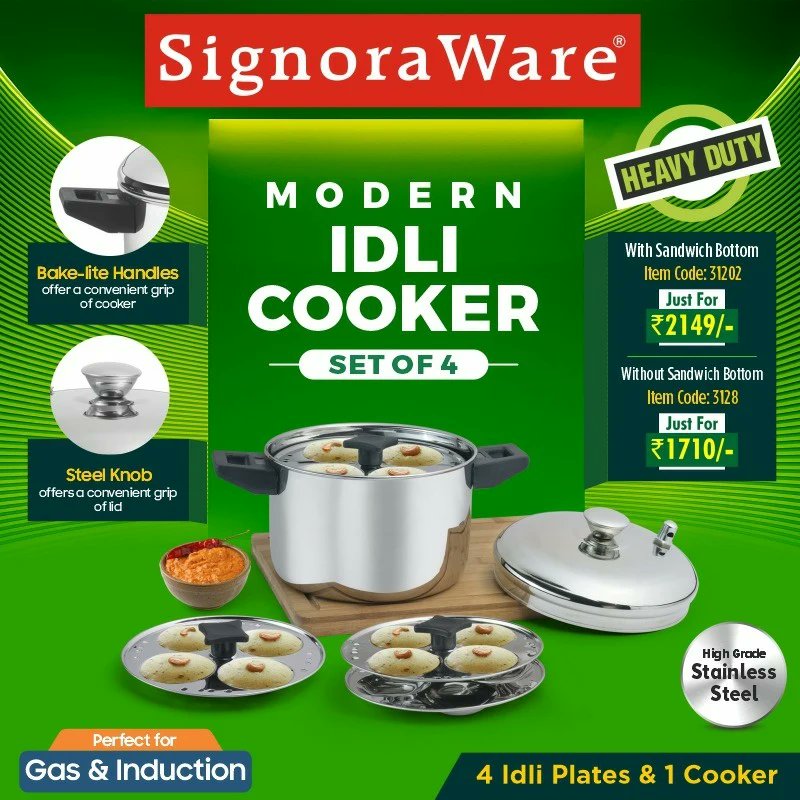 SignoraWare's tweet photo. Jab ghar mein hi mile Idli ka aisa taste
 
To kyun karein restaurant mein paise waste

Idli Cooker (Set of 4)

#signoraware #modernidlicooker #idlicooker #steelcooker #cooker #idli #sandwichbottom #gas #inductioncooker #safe #easytouse #setof4 https://t.co/DW7SIMkT6o