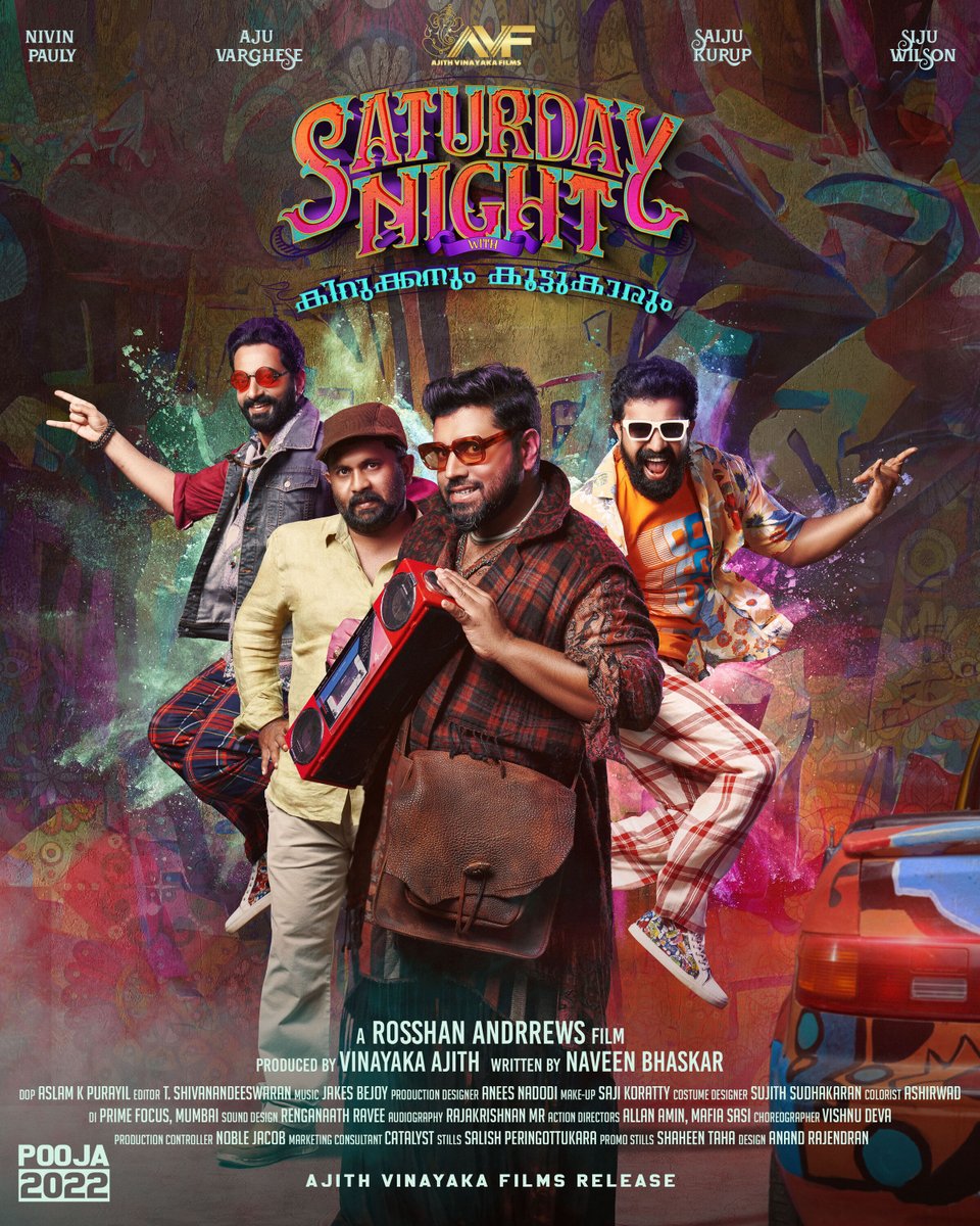 NivinOfficial's tweet photo. Here comes Stanley &amp; Friends. 
The #FirstLook poster of #SaturdayNight - a tale of friendship, love, &amp; laughter by #rosshanandrrews. #AjithVinayaka #Sareth #NaveenBhaskar @AjuVarghesee @Siju_Wilson #SaijuKurup @SaniyaIyappan_ @GraceAntonny #MalavikaSreenath https://t.co/PAA4PJCuQ4