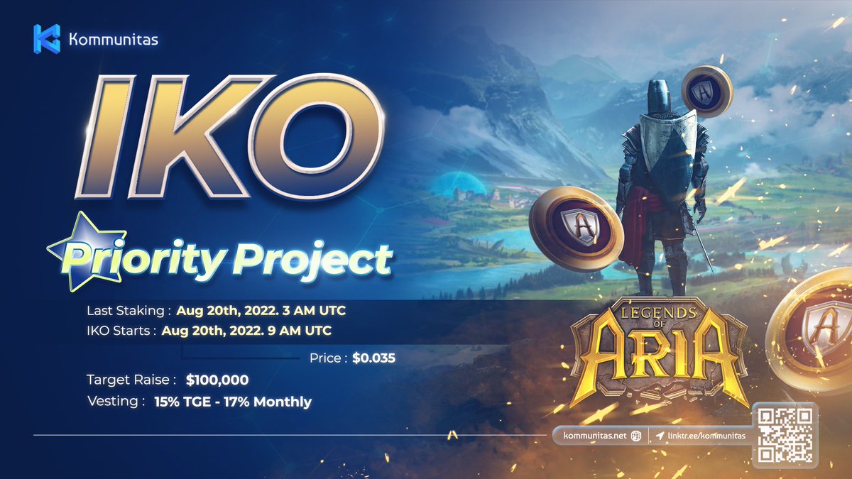 🥳 #Kommunitas is thrilled to hold our Priority #IKO with <a href="/LegendsOfAria/">Legends of Aria</a> 

🛡 Legends of Aria (or LoA) is a #PlayToEarn #NFT MMORPG inspired by games like Runescape and Ultima Online. This sandbox game features a vast open world. Read more: link.medium.com/dllDvoyEysb