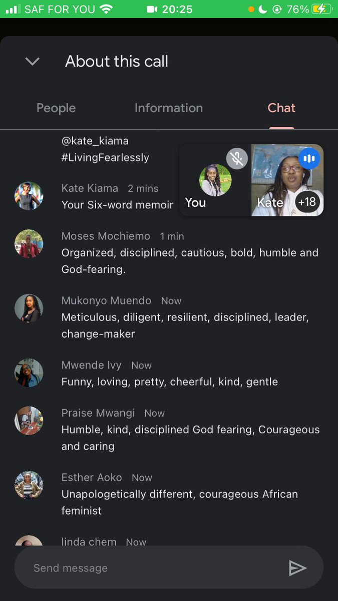 “You’re Unique, Beautiful and Brilliant”~ @kate_kiama 
We were engaged in a 6 word memoir activity- 6 words that describe you.
A challenge to us from @kate_kiama, note down your 6 word memoir and 100 things you can do. #LivingFearlessly @santa_kagendo @YWANKenya @KenyaYwca