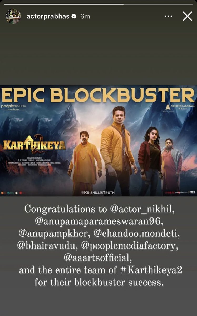 actor_Nikhil's tweet photo. Prabhas Bhai 🙏🏽🙏🏽🙏🏽 thanks for the Wishes🙏🏽🙏🏽🙏🏽🔥 
#Karthikeya2 team is overwhelmed with your message to us 🔥🔥🔥#Karthikeya2Hindi https://t.co/2bDBcOLMnC