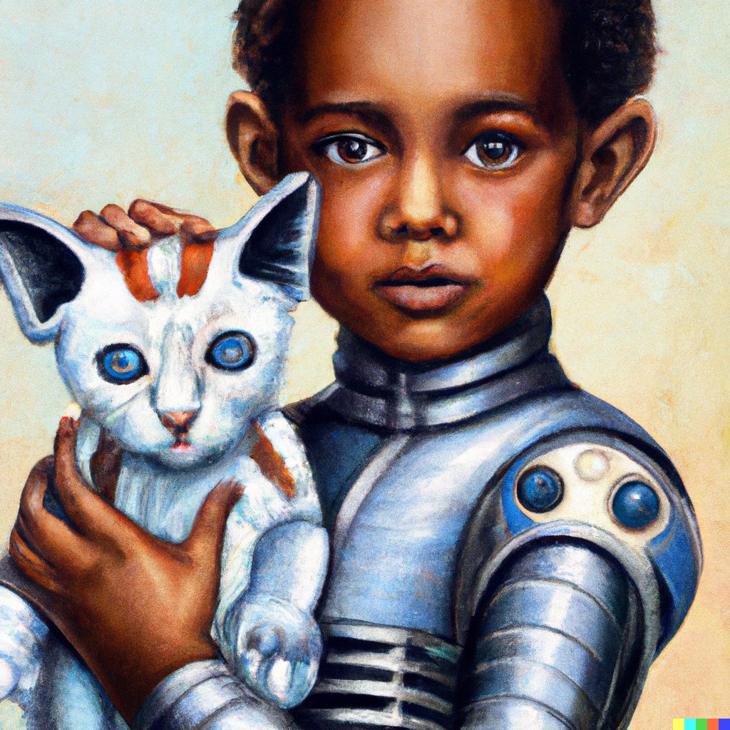 AreySiel's tweet photo. @sielarey &amp; DALL·E
Human &amp; A.I
“An art deco painting of a small android girl holding a kitten” https://t.co/k4Qi9KtqMu