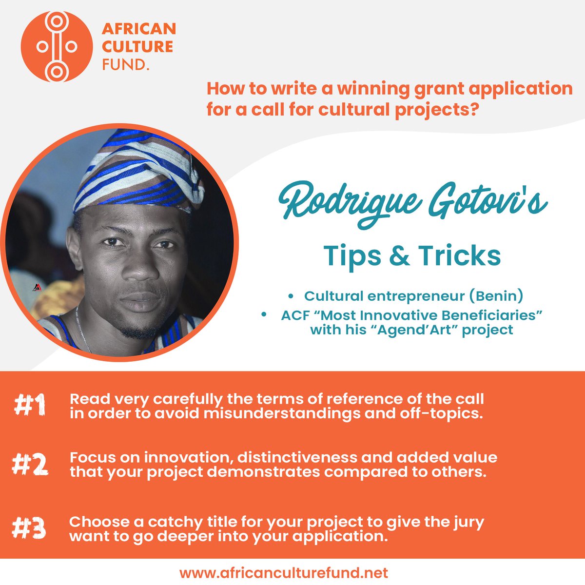 AfriCultureFund's tweet photo. During last Friday's LIVE, Rodrigue Gotovi outlined several best practices to use in the writing of a winning #grant #application for a call for cultural projects.
๐ Find out the Terms of reference for the ACF call #11: https://t.co/uc8VmQXKcR
#AfricanCultureFund #CallForProject https://t.co/ztPKUZxOx4