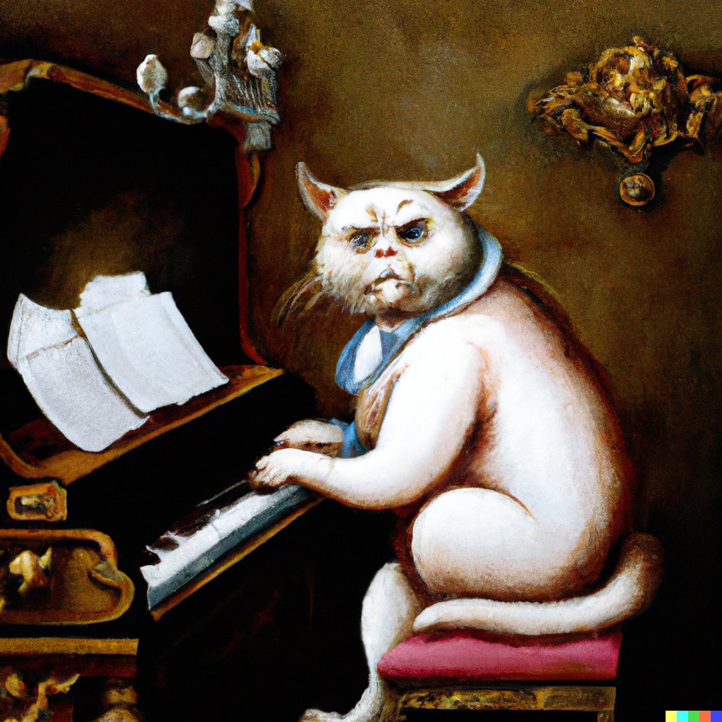 AreySiel's tweet photo. sielarey
&amp; DALL·E
Human &amp; A.I
“grumpy cat playing piano looking wise, rococo oil painting” https://t.co/SKf3IPxoO7