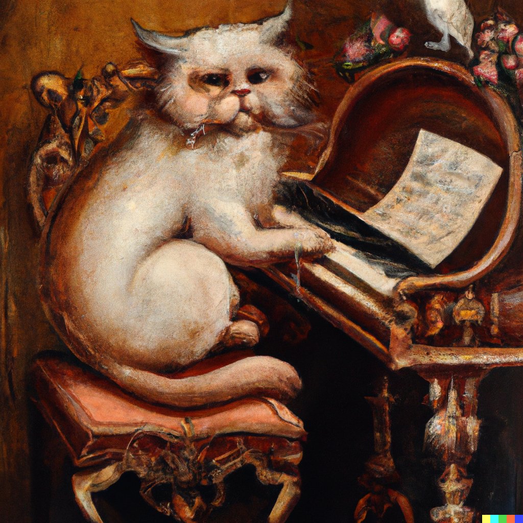AreySiel's tweet photo. sielarey
&amp; DALL·E
Human &amp; A.I
“grumpy cat playing piano looking wise, rococo oil painting” https://t.co/SKf3IPxoO7