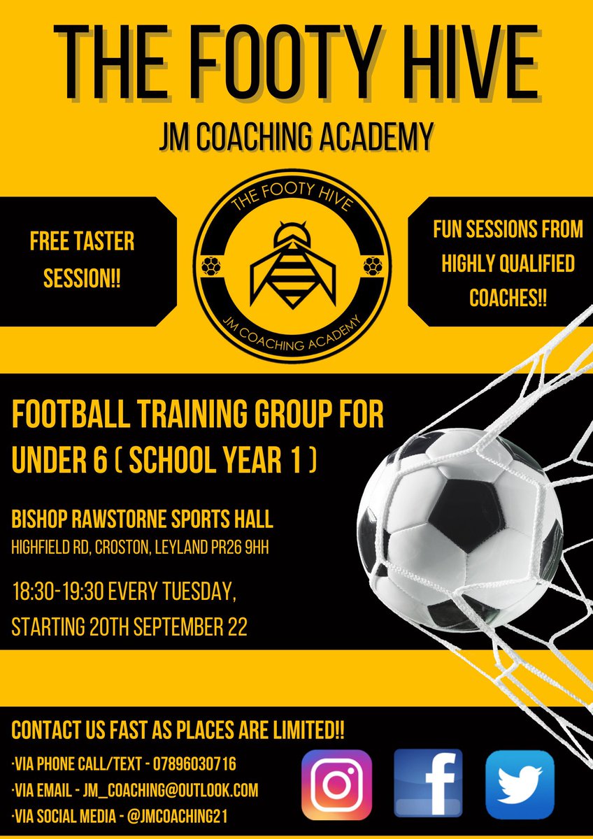 🚨*CONFIRMED*🚨

⏰ Time 
🏟 Venue
🗓 Start Date

Great news! We have secured a venue for our Under 5 and Under 6 training groups!

#TheFootyHive #JMCoachingAcademy  #FoundationPhaseFootball #PreFoundationPhaseFootball #FootballDevelopment #FootballDevelopmentCentre