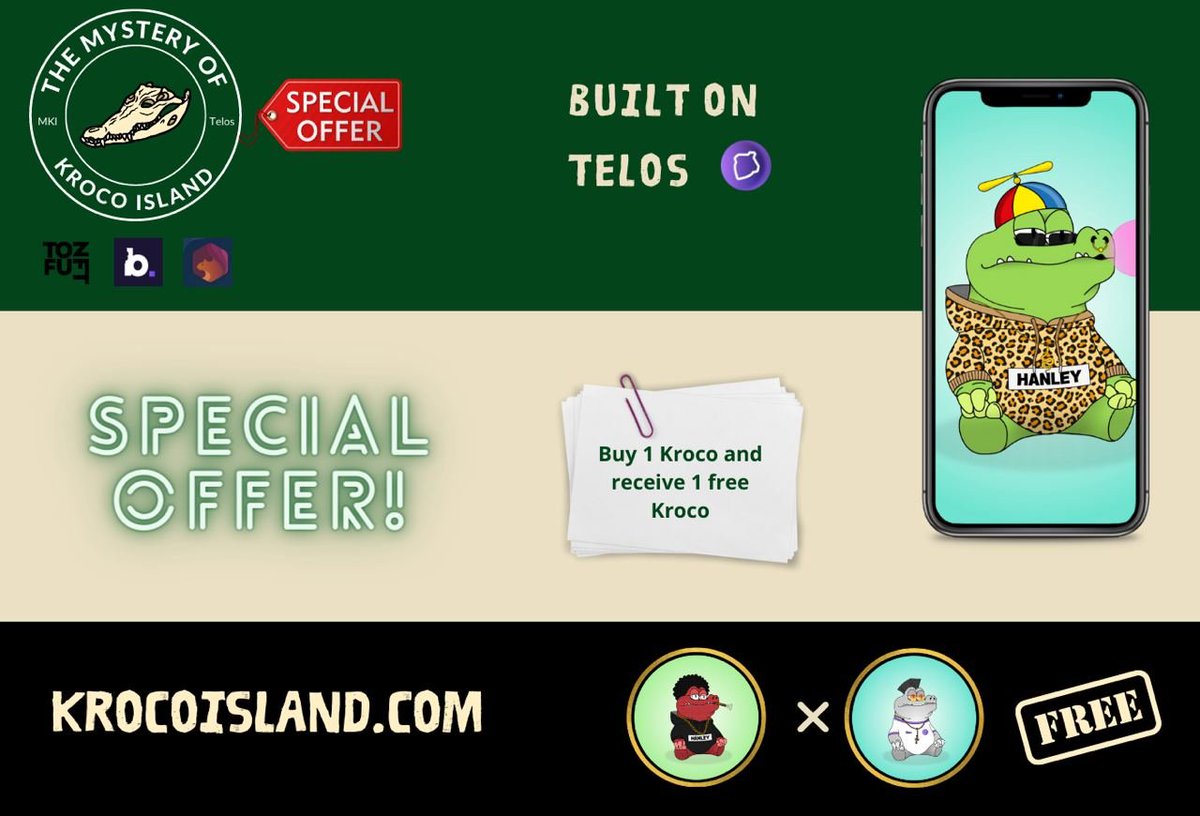 In 7 days, the updated roadmap will be available. <a href="/KrocoIslandNFT/">The Mystery of Kroco Island 🟣</a> will start a special Buy 1 Take 1 promotion on Kroco Island NFTs to mark the occasion. Make the most of this fantastic opportunity and visit our website at krocoisland.com.

Built on #Telos $TLOS