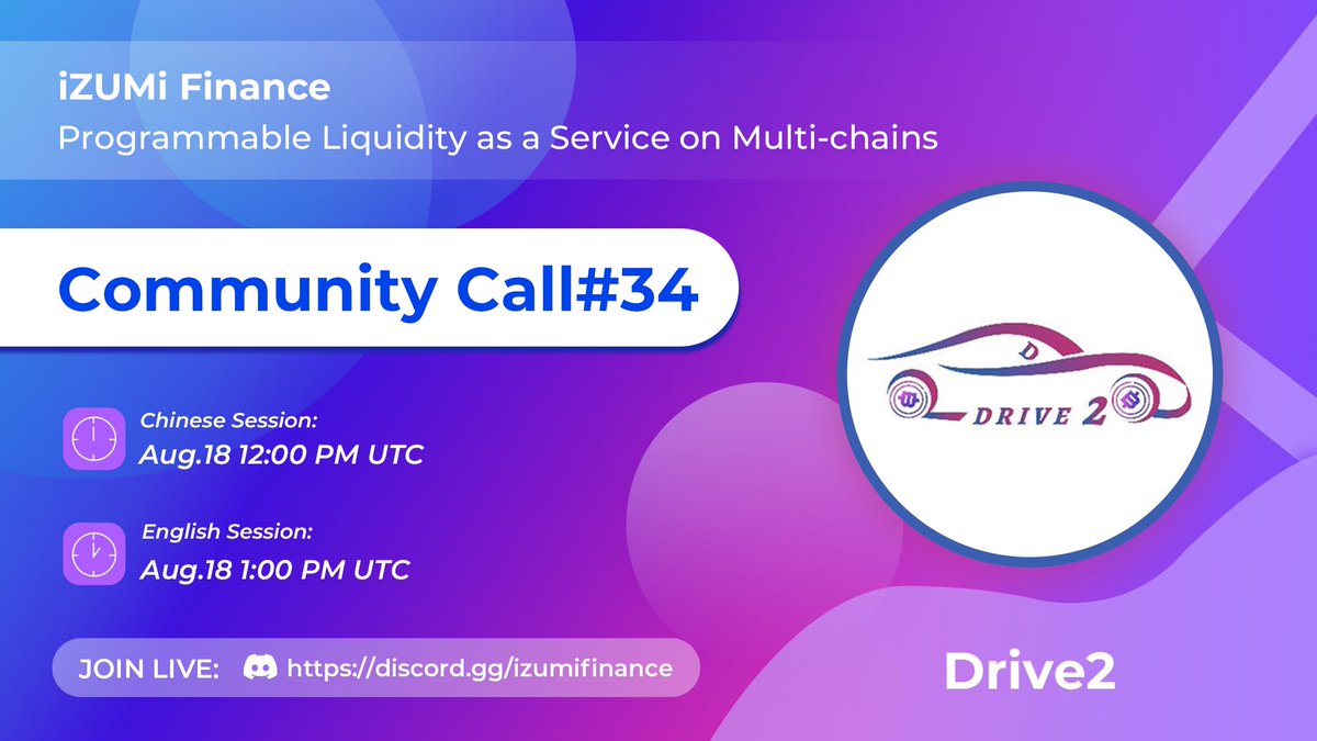 izumi_Finance's tweet image. Hey iZUMians🥳

Our Community Call #34 will be held on August 18th

⏰12 PM UTC (Chinese) and 1 PM UTC (English)

This week we welcome @Driveofficial1 on board and hold discussions about Drive to Earn.

Fasten your seatbelt!🏁