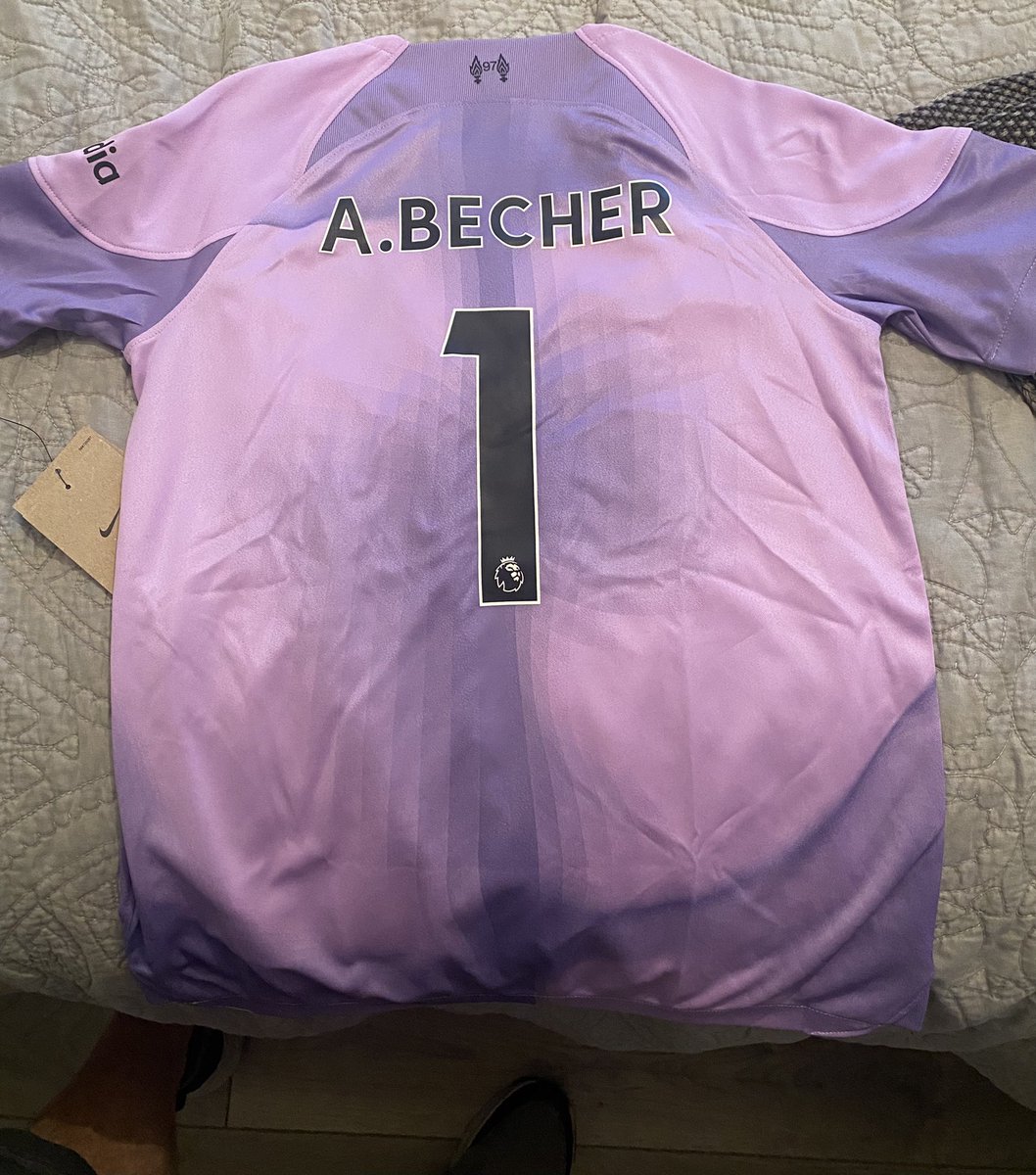 DJKC's tweet photo. Thanks @SportsDirectUK - just received this for my sons birthday tomorrow. Think we need to check the spelling @Alissonbecker! https://t.co/3RxkO0FLTr