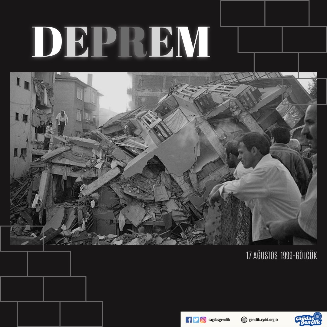 cagdasgenclik's tweet photo. 1999 yılında Gölcük'te meydana gelen ve tüm Marmara bölgesinde etkisini gösteren 17 Ağustos depremi tüm bölgede can ve mal kaybına neden olmuştu. Bugün depremin üzerinden 23 yıl geçmiş olmasına rağmen yarattığı maddi ve manevi yıkımın etkisi halen sürmektedir.+ https://t.co/Tu6RHixHqC