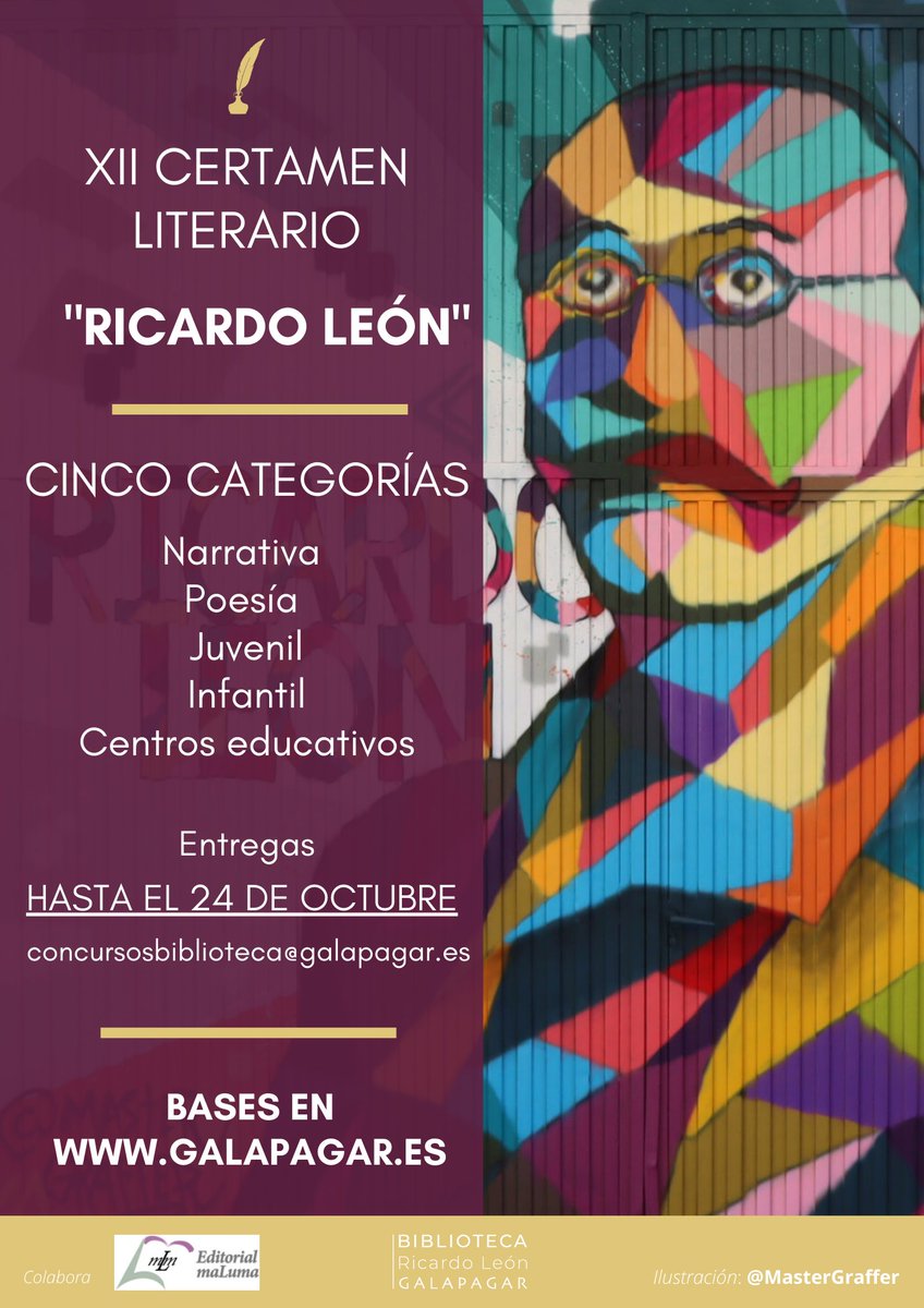 📢 El <a href="/AytoGalapagar/">Ayuntamiento de Galapagar</a>, en colaboración con la <a href="/EditorialmaLuma/">Editorial maLuma</a>  y la familia del autor, convoca el XII Certamen Literario Ricardo León.
📫 Los textos se presentarán en formato digital o impreso antes del 24 de octubre de 2022
✒️Bases completas aquí:  galapagar.es/.../xii-certam…