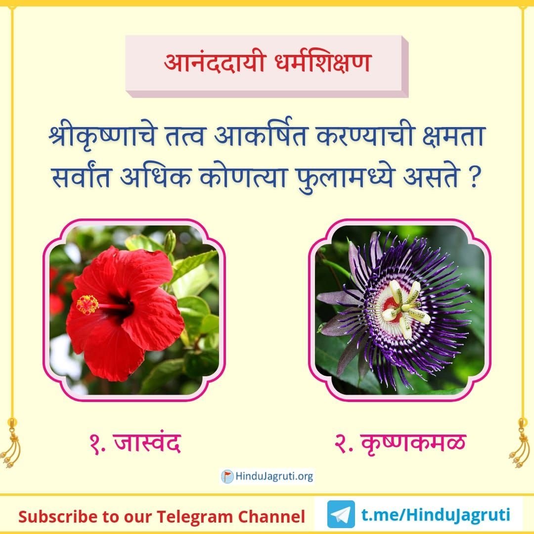 🌸#आनंददायी_धर्मशिक्षण🌸

🌸 बुधवार  - #आजचा_प्रश्न👉 

🔸 प्रश्न : श्रीकृष्णाचे तत्व आकर्षित करण्याची क्षमता सर्वांत अधिक  कोणत्या फुलामध्ये असते ?

१. जास्वंद
२. कृष्णकमळ
#Wednesdayvibe

अधिक माहितीसाठी:
sanatan.org/mr/a/626.html