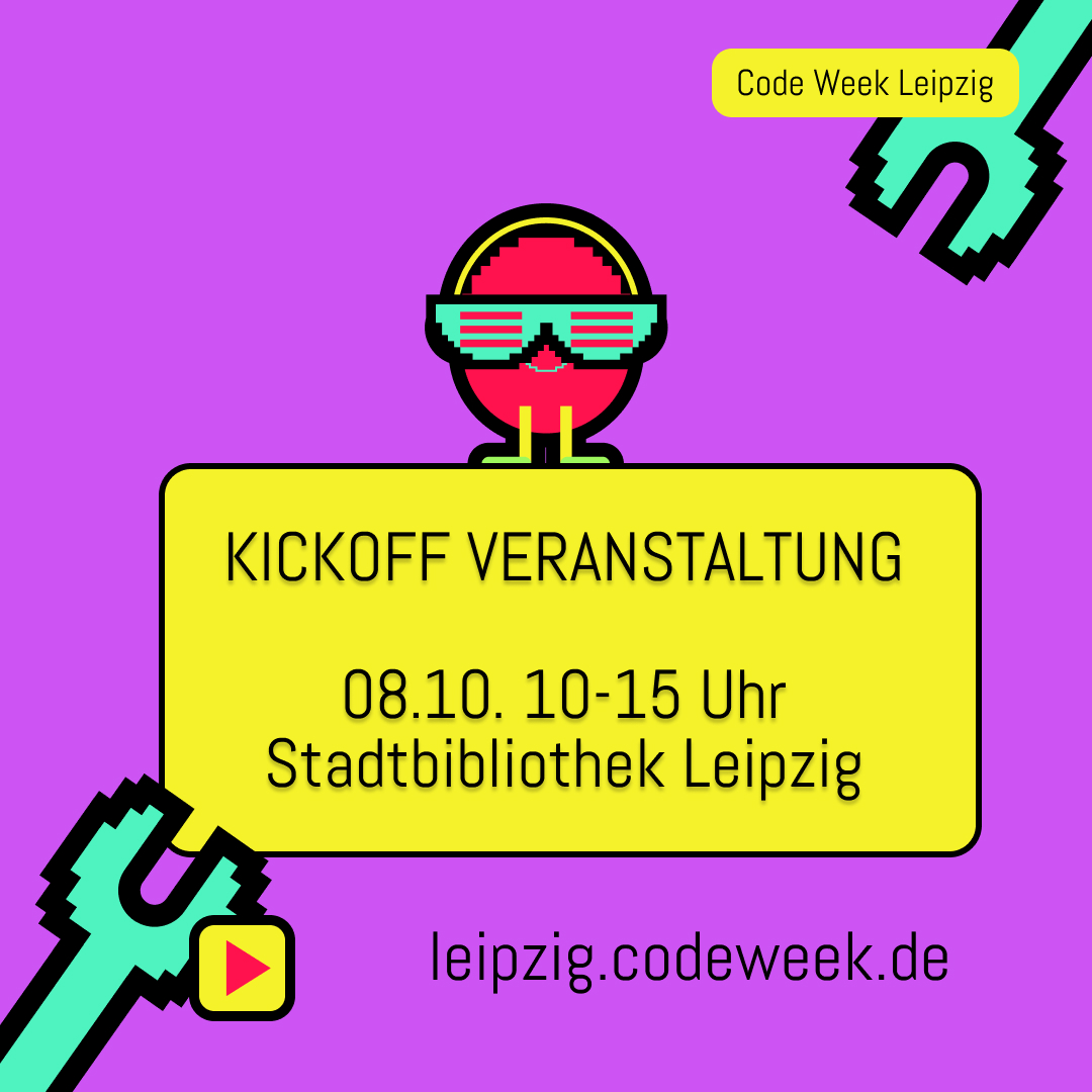 Die #codeweek findet vom 8.- 23.10.2022 statt.
Beim Kickoff könnt ihr in das Angebot der Code Week Leipzig reinschnuppern. Es erwarten euch tolle Mitmach-Stationen rund ums Tüfteln und Programmieren - kostenfrei.
#leipzig #codeweekleipzig #digitalebildung  #digitalisierung