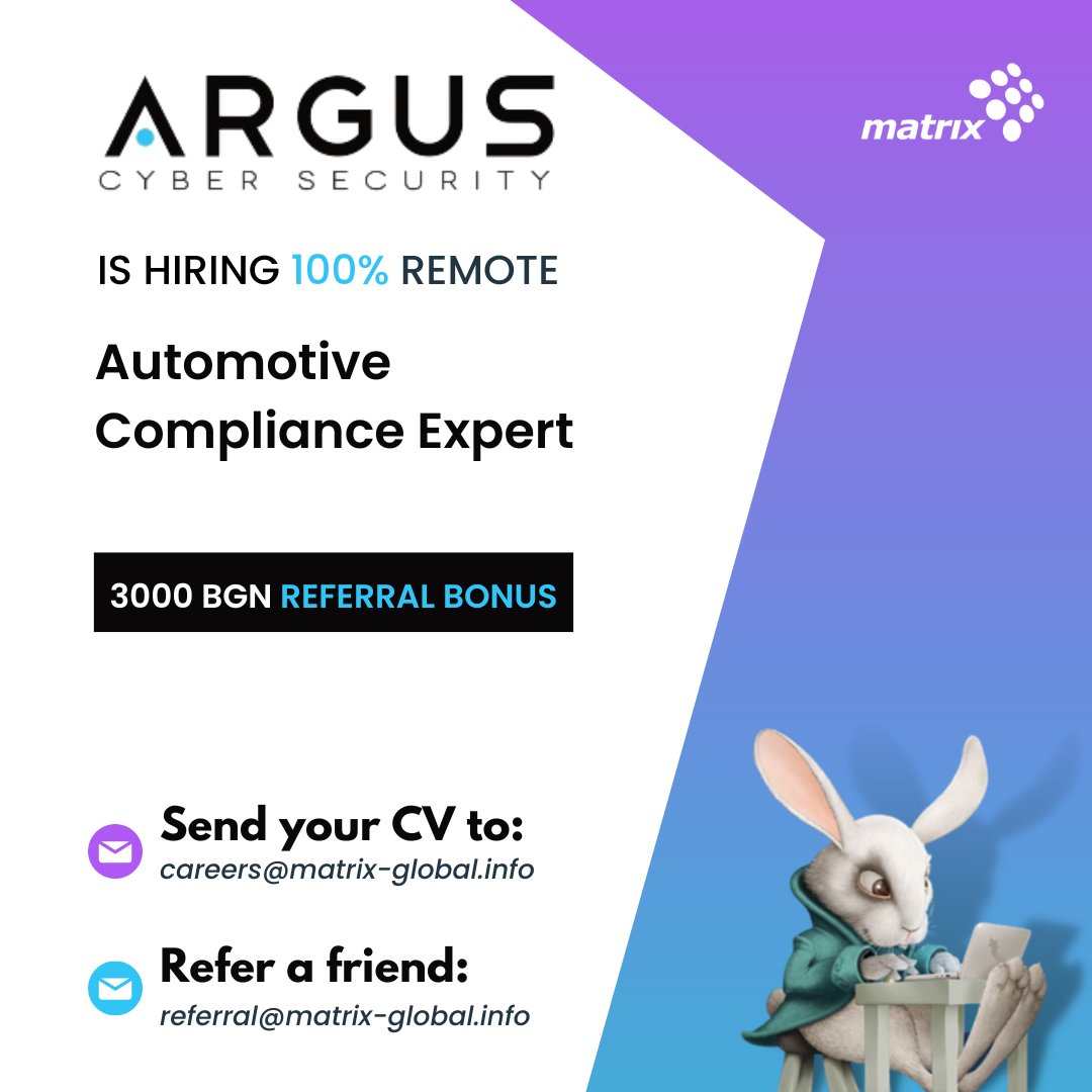 matrixglobalbg's tweet photo. We're looking for a Automotive Compliance Expert to join one of our teams - Argus!

You need experience in automotive compliance for ISO 21434 and/or UNR155.

Apply now by sending your CV to to careers@matrix-global.info📩

#automotivecompliance #automotive #cybersecurity #remote https://t.co/YjTwEVjjLh