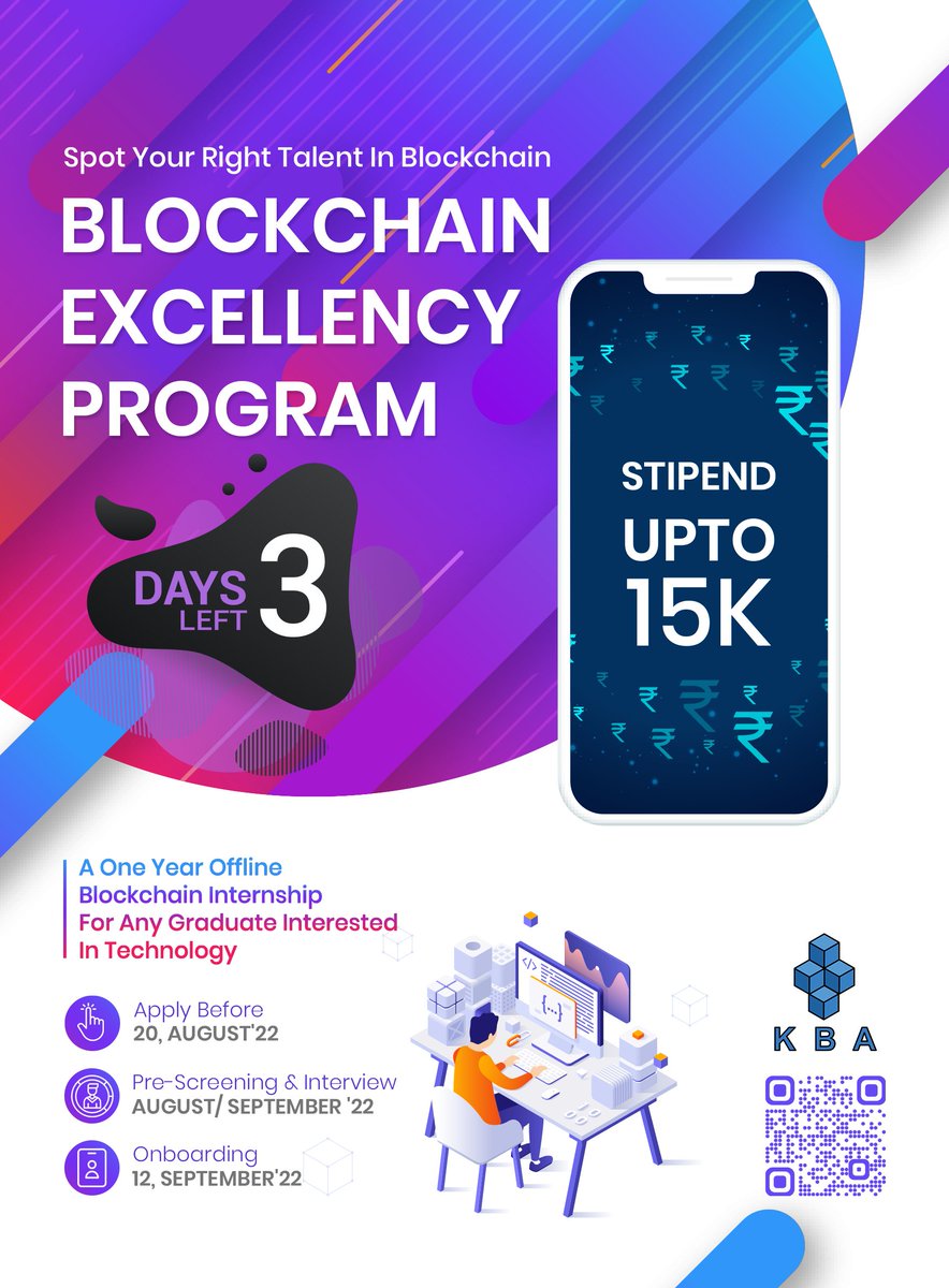 Earn While You Learn #Blockchain. Starting 12 Sept, in offline mode. Scan the QR Code to pin your interest or go to lnkd.in/gu7xzsxe Last date of registration, 20 August 2022. #work #technology #paidinternship #certification #blockchaintechnology #paid #offline