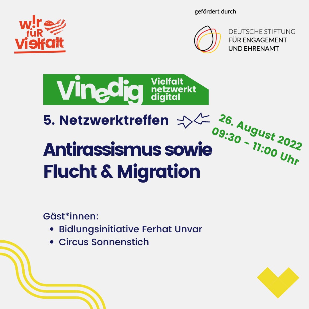 WirfuerVielfalt's tweet photo. #VielfaltNetzwerktDigital geht weiter: am 26.8., 9.30-11h, zu den Themen ANTIRASSISMUS, FLUCHT UND MIGRATION.

Trefft beim 5. #ViNeDig-ZOOM @dilanee von @bi_ferhatunvar ‼️

Jetzt kostenlos anmelden, liebe Sensibilisierungsprojekte für #Vielfalt: https://t.co/hlJJM3Y4Xd  @D_S_E_E https://t.co/XCKtTRlglx
