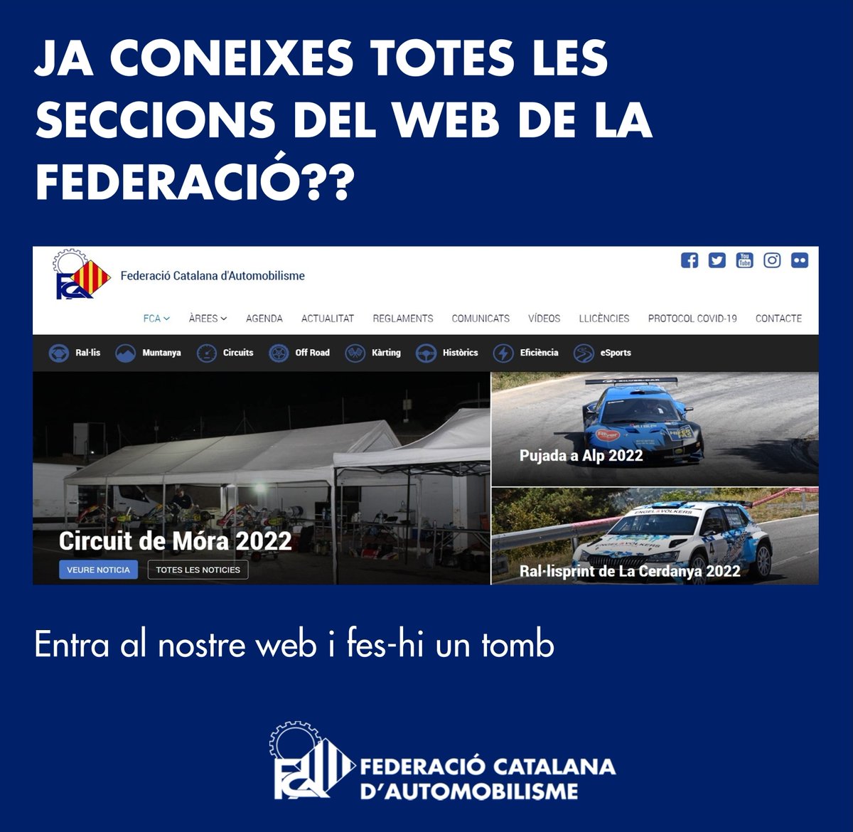 FCAutomobilisme's tweet photo. 🎯 Ja coneixes les seccions del web de la Federació
💢 No ho dubtis, fes un tomb
🌐 https://t.co/F4n6oyWf9g
#FCAutomobilisme #motorsport #seccions #informació #web #curses #àrees #reglaments #actualitat #comunicats #llicències https://t.co/GjvfOmALe7