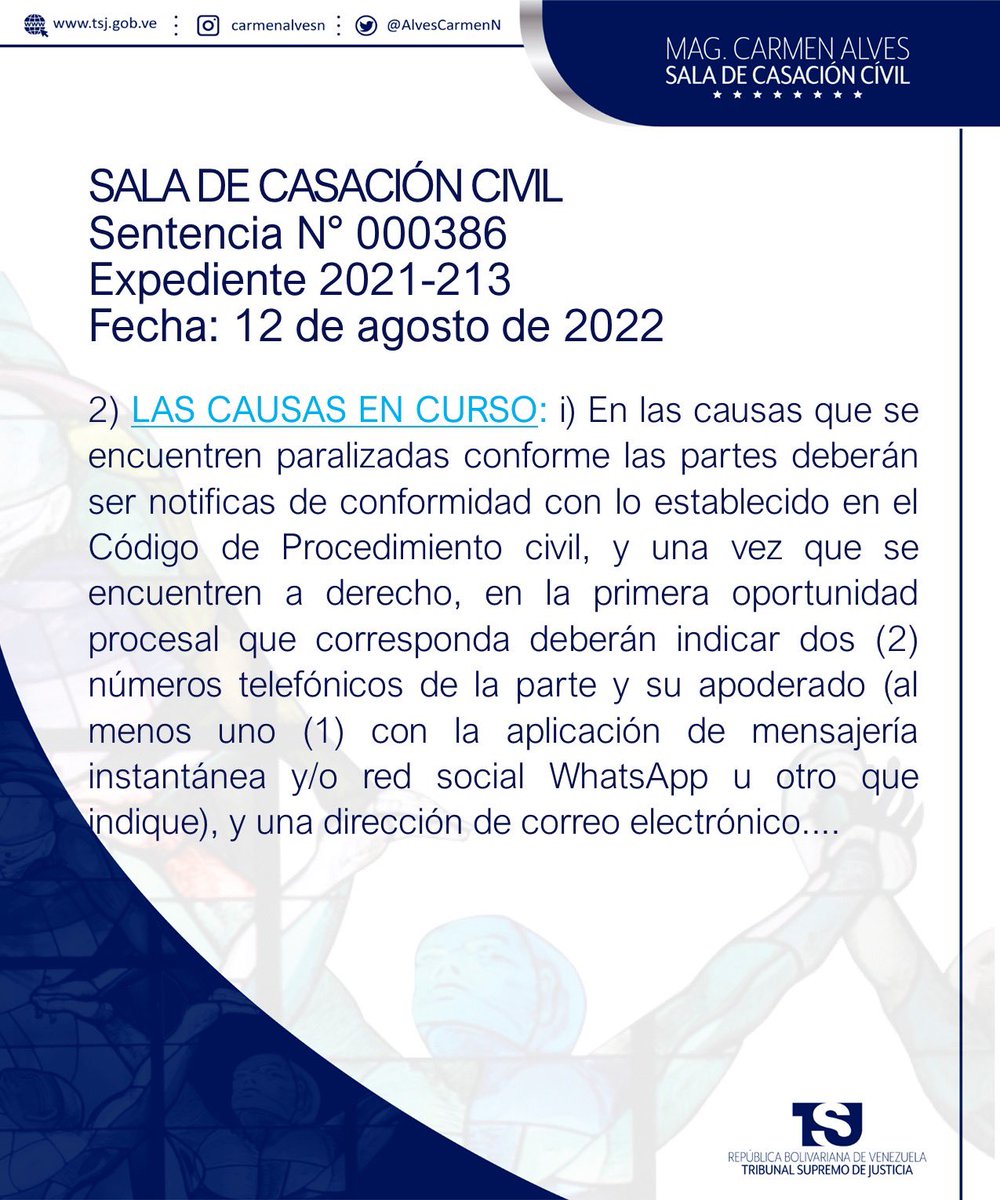 AlvesCarmenN's tweet photo. Establece la sentencia número 000386 que, aunque el artículo 233 del CPC establece las formas de practicar la notificación, sin embargo, para facilitar el oportuno acceso a la justicia se deberá hacer uso de las herramientas tecnológicas a través de medios telemáticos, (TIC) https://t.co/8hPN1UNuWB
