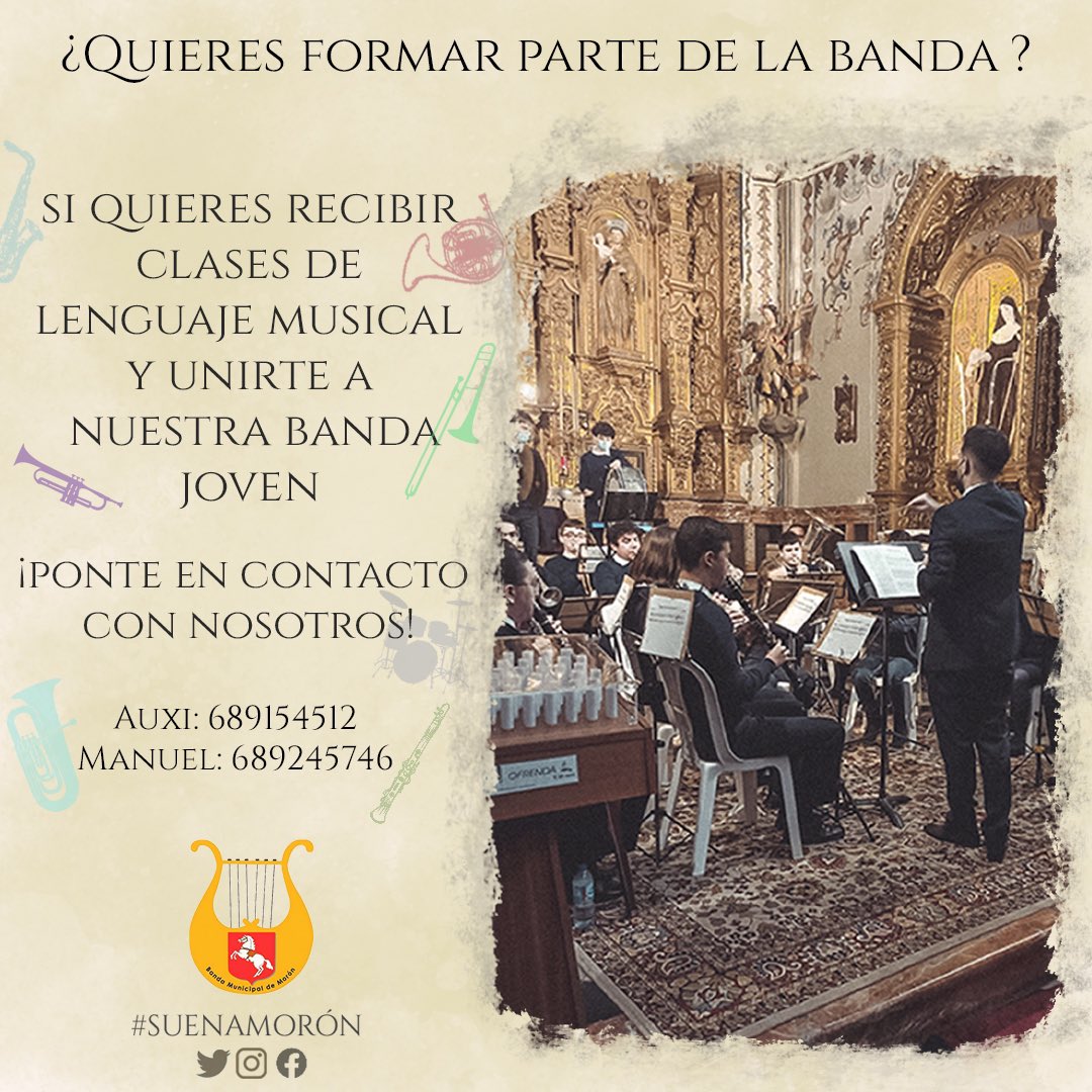 MunicipalMoron's tweet photo. 🟡¿Quieres unirte a nuestra banda?

✅ Estás interesad@ en la música 🎶
✅Tienes ganas de aprender a tocar un instrumento 🎷

Contacta para recibir clases gratuitas de lenguaje musical y formar parte de nuestra banda joven. 

📞Auxi: 689 154 512 Manuel: 689 245 746

#suenamoron https://t.co/sn3jPfduJU
