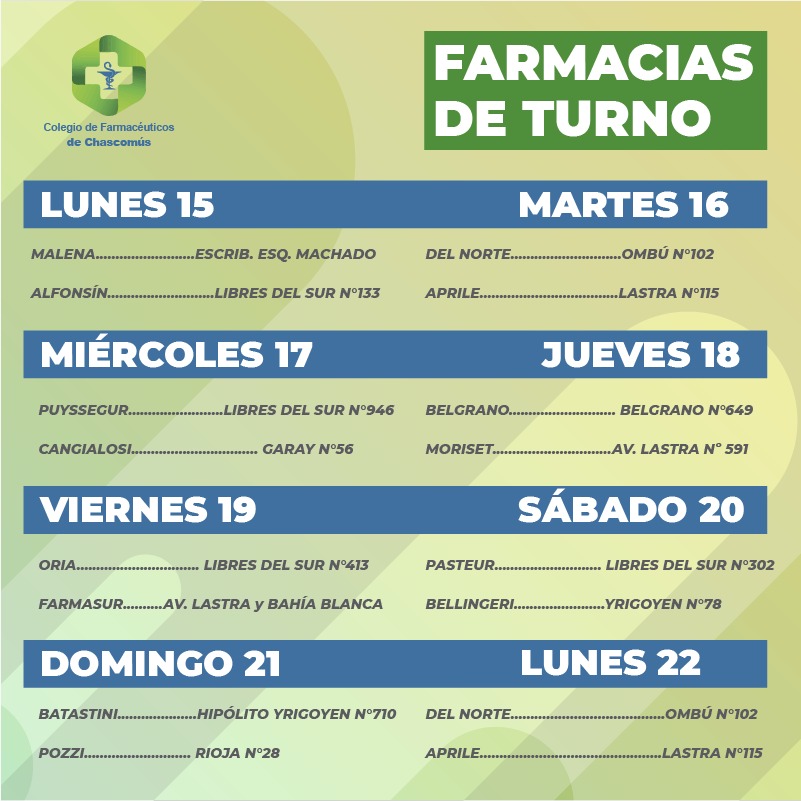 colfarchascomus's tweet photo. ⚠️TURNERO DE LA SEMANA
⚕ Farmacias de turno en Chascomús.
👉del 15 al 22 de agosto (desde las 8.30 hasta las 8.30 del otro día)
.
.
.
.
.
.
.
#Farmacias #FarmaciasdeTurno #Turnero #Guardias #FarmaciasdeGuardia #Chascomús #medicamentosgenéricos https://t.co/aIKDBZCKRB