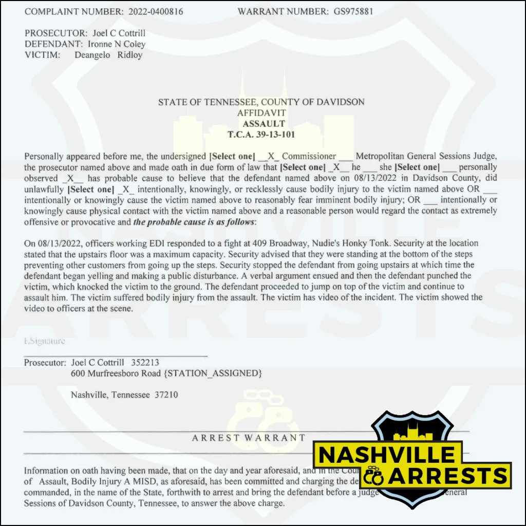 nasharrests's tweet photo. #FortCampbell soldier Ironne N. Coley of #OakGroveKY  was booked into the Metro Nashville Jail on August 13th, charged with disorderly conduct and assault. A judicial commissioner set his bond at $1,500, and the Davidson County Sheriff’s Office gave him pre-trial release. https://t.co/4wOBoapypg