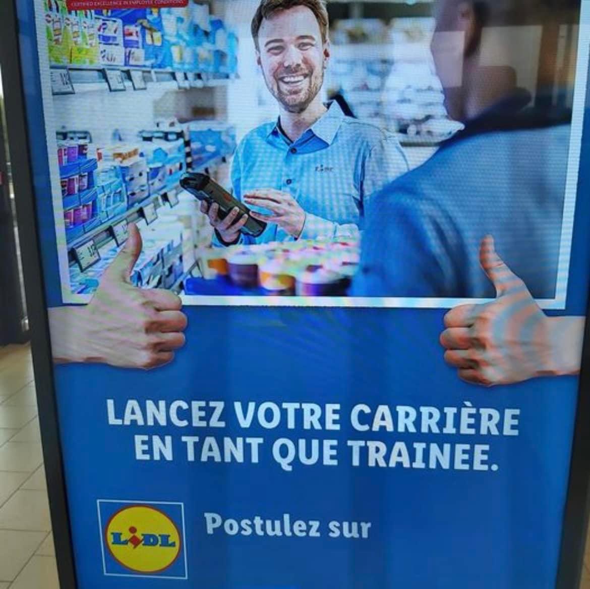 Altaide_JF's tweet photo. « Lancez votre carrière en tant que trainee » (Tout le monde lit « trainée » sauf chez @lidlfrance ? )… ou quand l’abus de franglais aboutit à ce genre de message !! 🤣 https://t.co/gi2XMg8Qn7