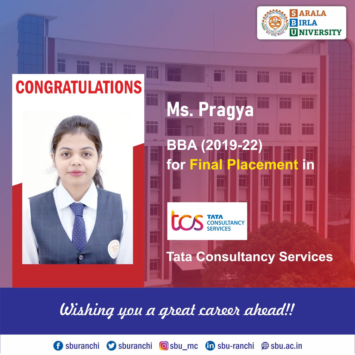 sburanchi's tweet photo. Congratulations to Ms. Pragya of BBA 2019-22 Batch students for her Final Placement in Tata Consultancy Services.
#sbu #sburanchi #campusplacement #finalplacement #bba #bbaplacement #TataConsultancyServices https://t.co/MueB5CACkn