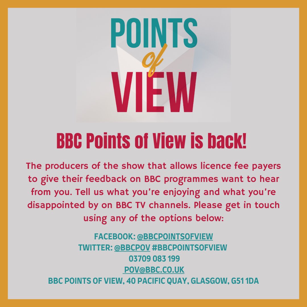 <a href="/TV_Casting_Hub/">TV Casting Hub</a> Hello, just looking for a Retweet if possible please!🙏

BBC Points of View is back!

We're looking for honest opinions on recent BBC Programmes from viewers all over the UK. 

Contact information below!

#BBCPointsOfView