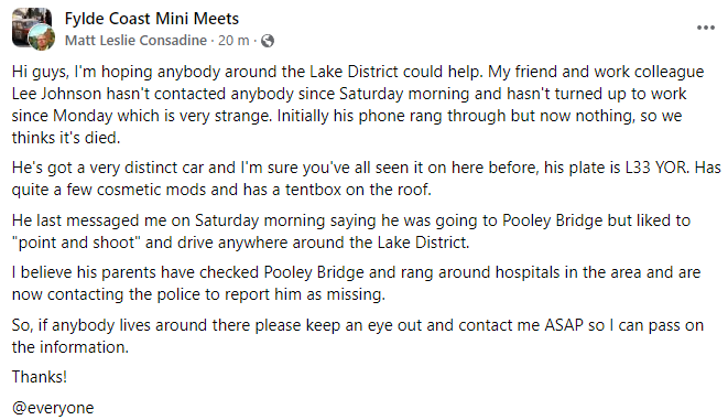 #CarTwitter help please.

Missing person, distinctive car.
Believed to be in the Lake District. Facebook details in pic, or DM me and I will forward.
Please share.

@ThePollitt @MrJalco <a href="/car_witter/">𝙲𝚊𝚛𝚠𝚒𝚝𝚝𝚎𝚛</a> <a href="/startrescuecouk/">Start Rescue | Breakdown Cover</a>