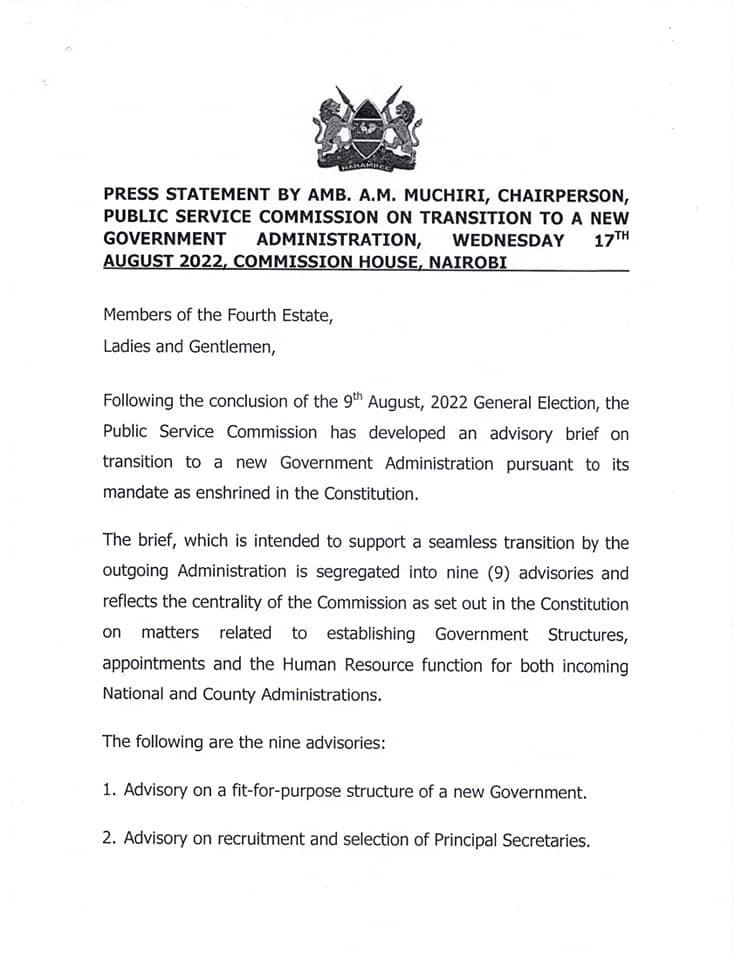 PSCKenya's tweet photo. PRESS STATEMENT BY AMB. A.M. MUCHIRI, CHAIRPERSON, PUBLIC SERVICE COMMISSION ON TRANSITION TO A NEW GOVERNMENT ADMINISTRATION. https://t.co/MCwev1jSye