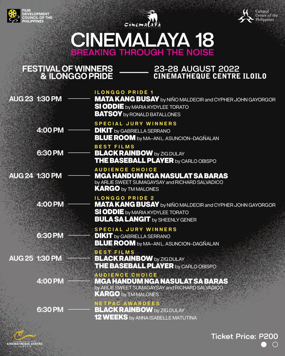 fdcpiloilo's tweet photo. We are sooo ready to roll! "Cinemalaya: Breaking Through The Noise" nasa Cinematheque na!
Watch Cinemalaya Festival Winners and Ilonggo Pride from August 23-28 for a limited time only! Ticket price is at P200!
#Cinemalaya2022
#TeamFDCP
#CinemathequeCentreIloilo https://t.co/Jw4EJpPJ9g