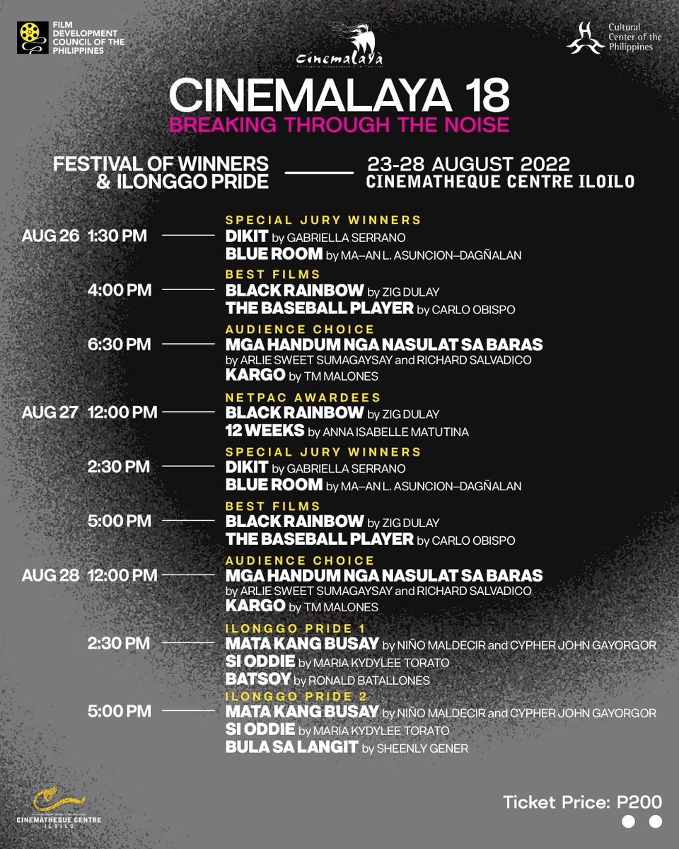 fdcpiloilo's tweet photo. We are sooo ready to roll! "Cinemalaya: Breaking Through The Noise" nasa Cinematheque na!
Watch Cinemalaya Festival Winners and Ilonggo Pride from August 23-28 for a limited time only! Ticket price is at P200!
#Cinemalaya2022
#TeamFDCP
#CinemathequeCentreIloilo https://t.co/Jw4EJpPJ9g