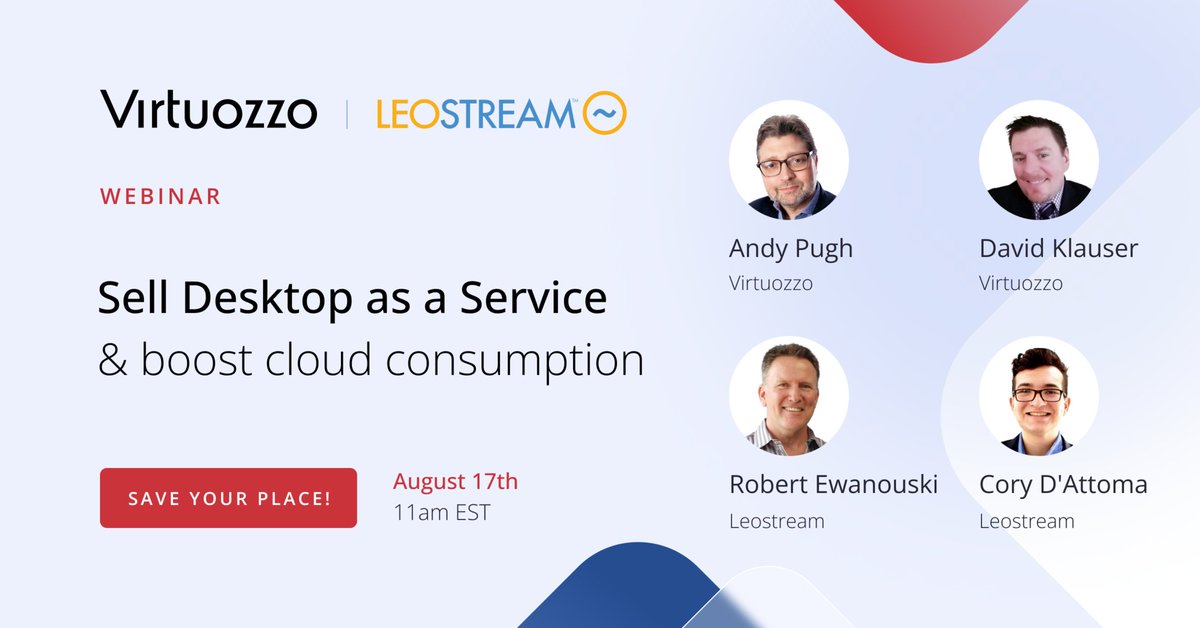 VirtuozzoInc's tweet photo. Selling Desktop as a Service is easy with Virtuozzo, thanks to our new partnership with @Leostream Corporation.
Let’s deliver what the market needs!
Join us today ➡️ https://t.co/gBYshmn4kc
#DesktopAsAService #Virtuozzo #Leostream #MSPs #CSPs #AlternativeCloud #webinar https://t.co/hTba04WnVZ