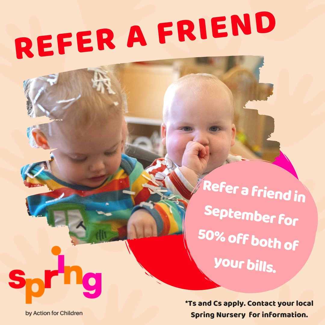 SpringChildcare's tweet photo. GO GO GO....

Refer a friend in September and you will both receive 50% off your October bill.

T&amp;Cs apply, please contact your local Spring Nursery for details. https://t.co/czRcy1o8AP