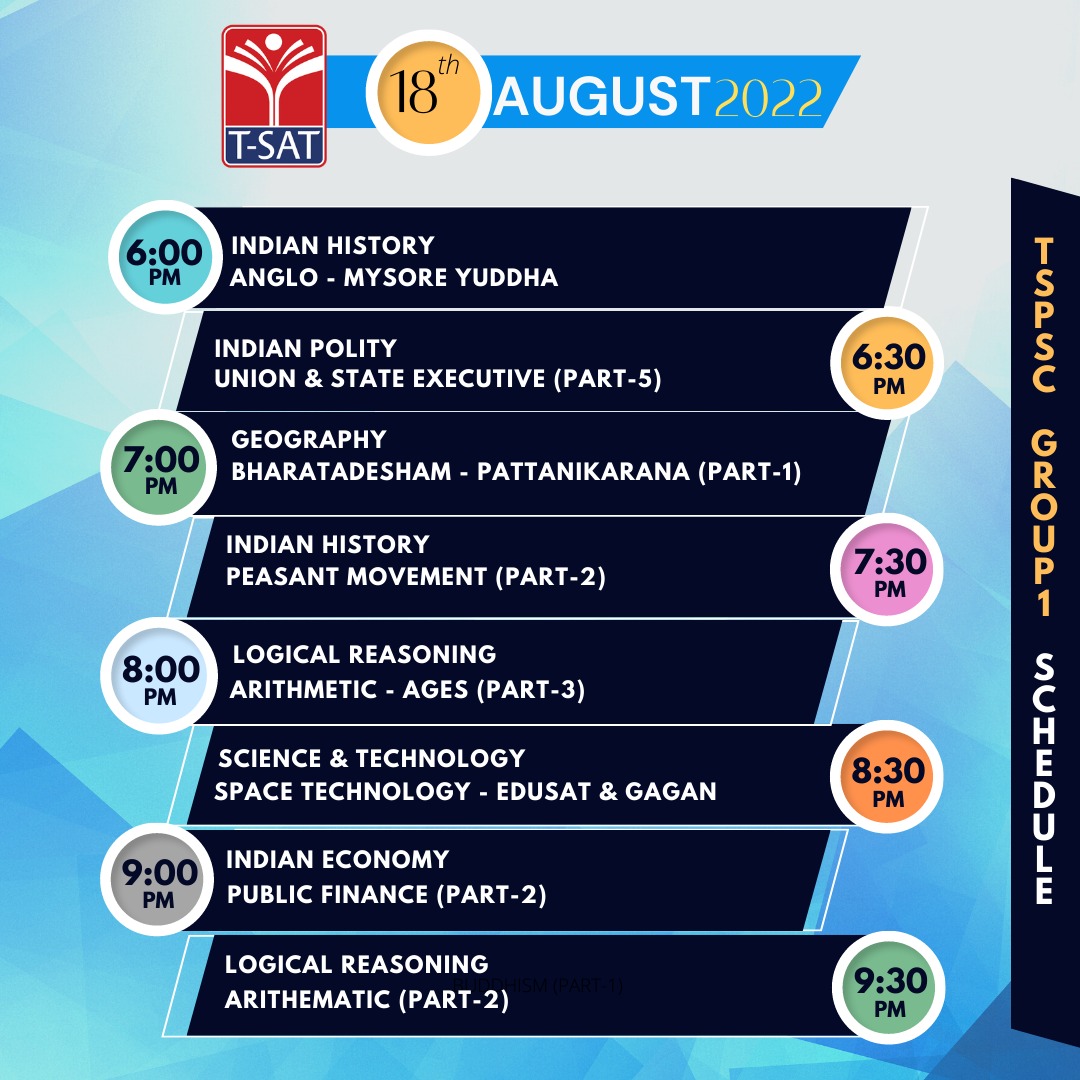 TSATnetwork's tweet photo. ๐ด TSPSC Group-1 Classes Telecast Timings - 18th August 2022
#TelanganaTSAT
#Group1Classes https://t.co/FgUlXtl9ty