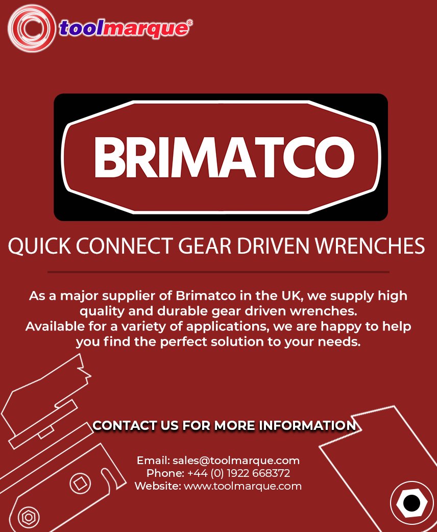toolmarque's tweet image. We provide #Brimatco #tools - quick connect gear-driven #wrenches.
There is substantial proof that gear drive is the most consistent, durable and precise method of #torque delivery employed and is widely preferred over other methods. 
Website: toolmarque.com/brimatco/
#cleco #air