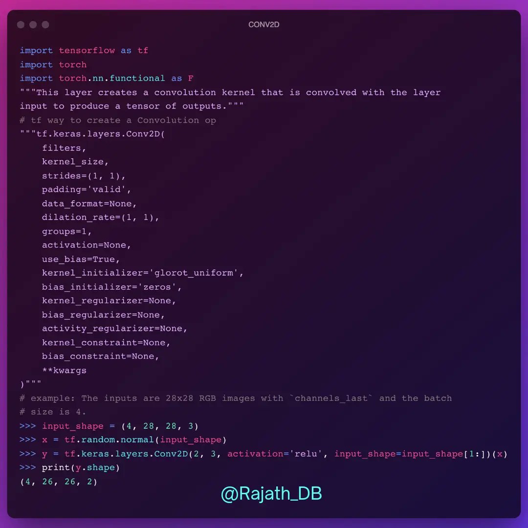 Rajath_DB's tweet image. This shows the way to create Convolution &amp;amp; MaxPooling ops. @TensorFlow vs @PyTorch 
Tf - tensorflow.org/api_docs/pytho… 
Pytorch - pytorch.org/docs/stable/nn… 

#maxpooling #deeplearning #pytorch #tensorflow #python #coding