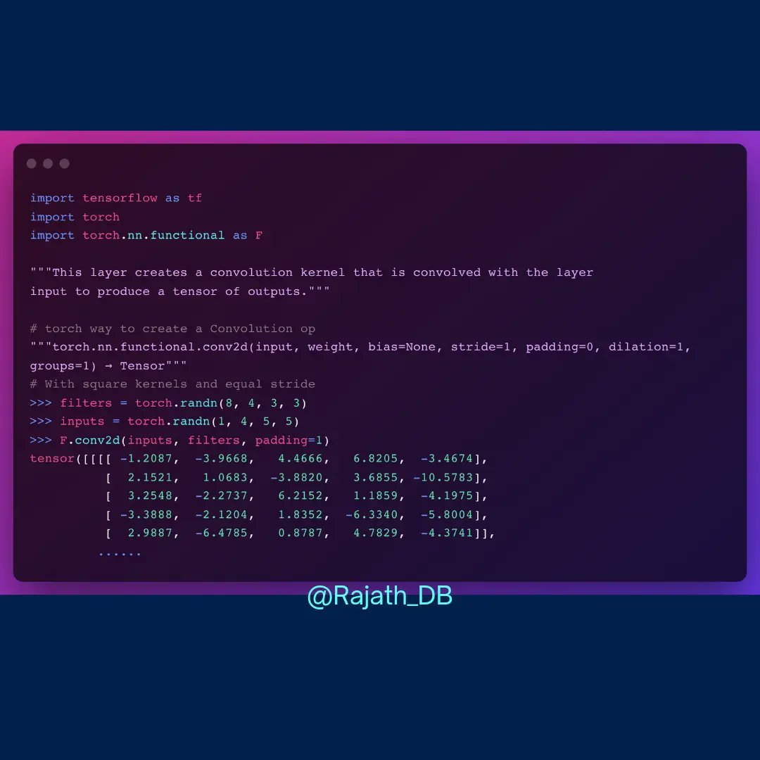Rajath_DB's tweet image. This shows the way to create #Convolution &amp;amp; #MaxPooling ops. @TensorFlow vs @PyTorch 
Tf - tensorflow.org/api_docs/pytho… 
Pytorch - pytorch.org/docs/stable/nn… 

#maxpooling #deeplearning #pytorch #tensorflow #python #coding
