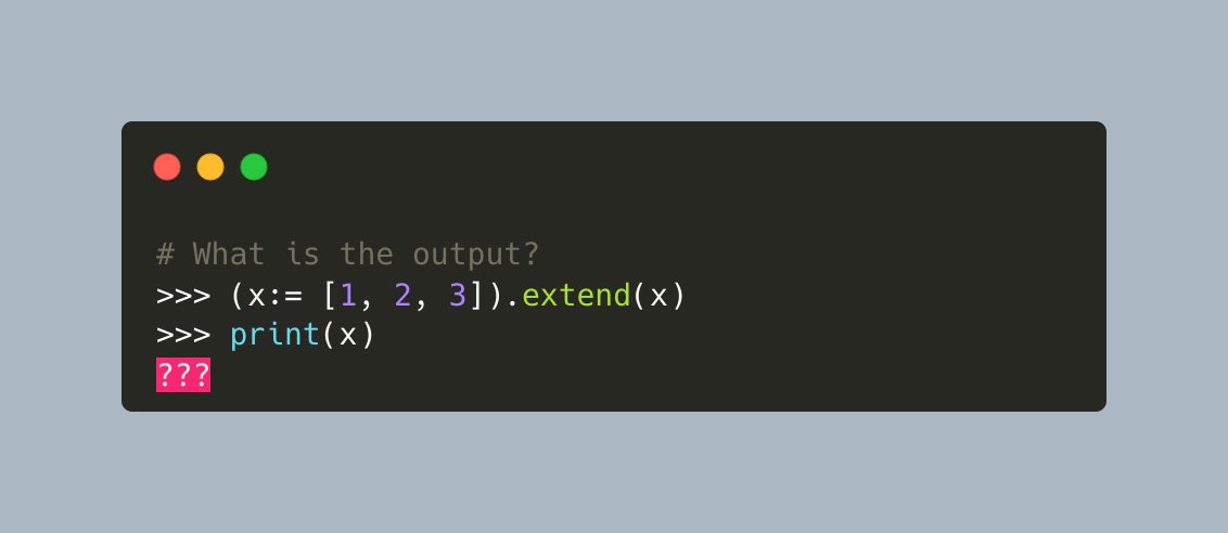 driscollis's tweet photo. #Python Pop Quiz 🐍❓

What is the output of the following code?

A) SyntaxError
B) NameError
C) [1, 2, 3, 1, 2, 3]
D) [1, 2, 3] https://t.co/LFSsnCmRuS