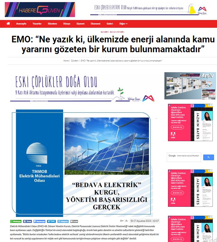 EMO: “NE YAZIK Kİ, ÜLKEMİZDE ENERJİ ALANINDA KAMU YARARINI GÖZETEN BİR KURUM BULUNMAMAKTADIR” (HABEREGUVEN.COM)
emo.org.tr/genel/bizden_d…