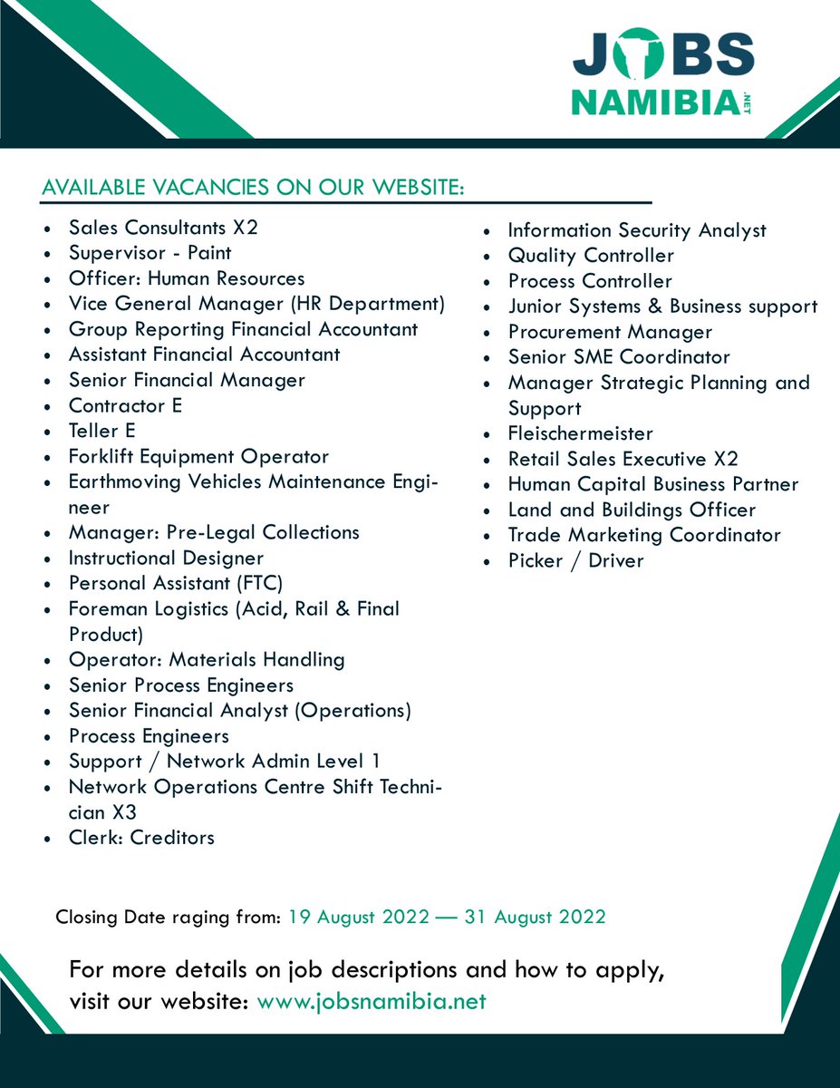 jobs_namibia's tweet photo. We just uploaded around 35+ opening vacancies on our website: https://t.co/EWroMuRStX

Closing Date Ranging from: 19 August 2022 - 31 August 2022

For More Details on Job Descriptions and How to Apply, visit: https://t.co/EWroMuRStX
 
Share.

#Vacancies #jobs #jobsinnamibia https://t.co/CNKEX0wu6m